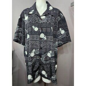 Men Hawaiian Shirt XL Black Grey White Dragon Skull Graphic Button Short Sleeve